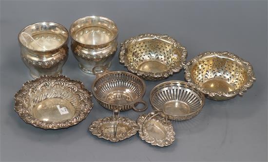 A pair of small silver vases, a pair of silver bonbon dishes, a pair of small silver basket and three other silver dishes.